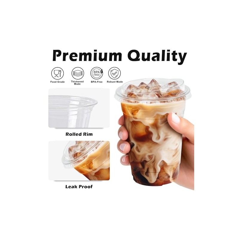 Clawsoff 16 oz 100 Pack Clear Plastic Cups with Lids,