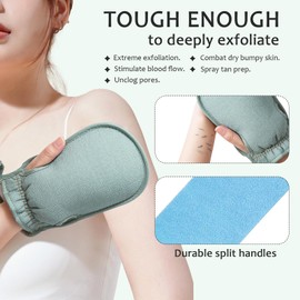 Exfoliating Gloves Pack of 4 Exfoliating Gloves, Body Exfoliating Gloves, Comes with 1 Piece Long Elastic Back Massager, with Thumb Hole, Can Be Hung, Unisex (Sakura Pink + Olive Green)