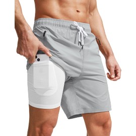 Viodia Men's Swim Trunks with Compression Liner Quick Dry Board Shorts Swimsuit Swimwear for Men with Zipper Pockets Light Grey