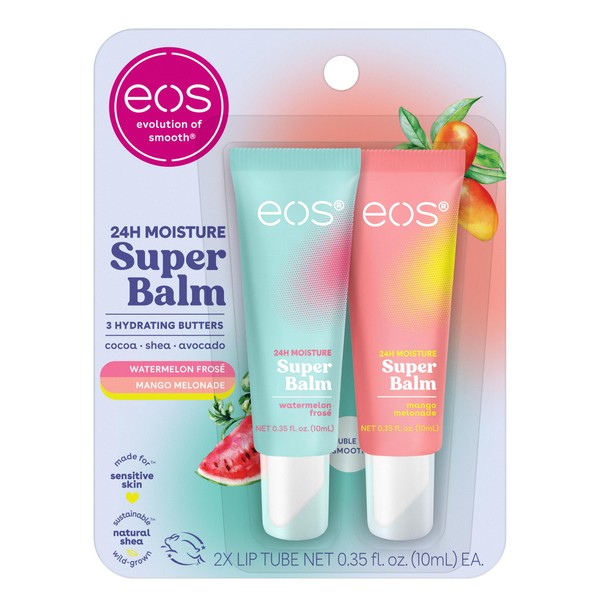 eos 24H Moisture Super Balm- Watermelon Frosé & Mango Melonade, Lip Mask, Day or Night Lip Treatment, Made for Sensitive Skin, 0.35 fl oz, 2-Pack