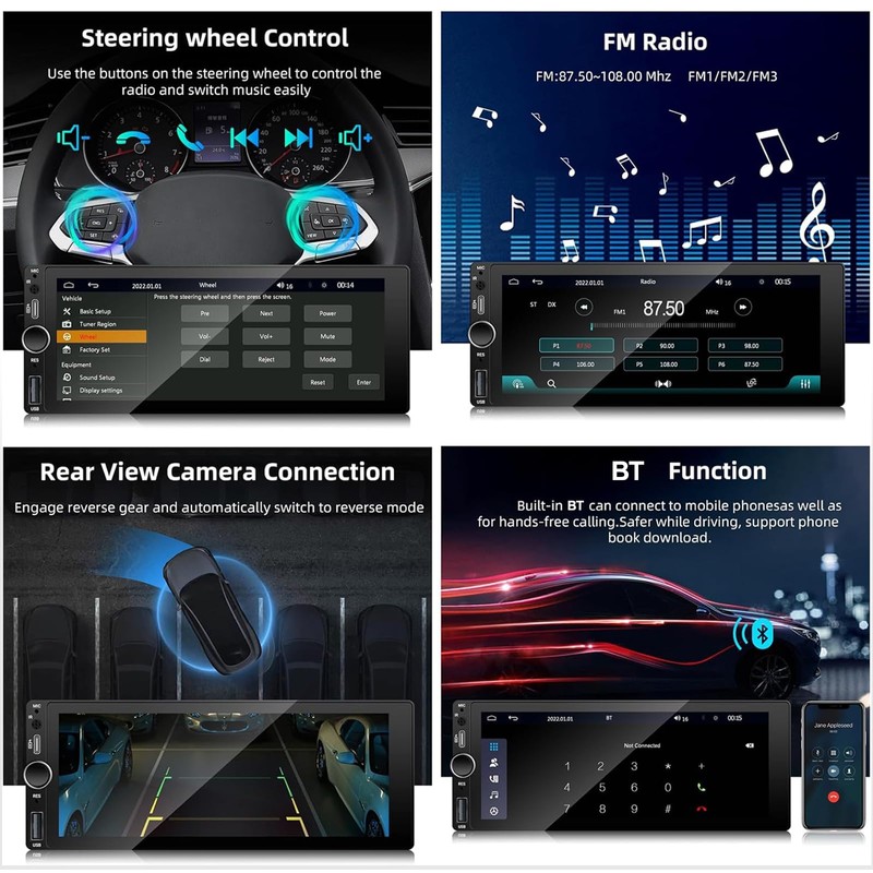 LEXXSON Single Din Car Stereo with Apple Carplay Android Auto,