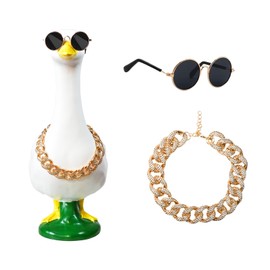 PODOEIL Porch Goose Outfits, Plastic Goose Chain Collar and Sunglasses, Goose Statue Sunglasses Gold Collar for Garden Goose, Funny Goose Decor Accessories for Lawn Outdoor Garden Yard (Pink)