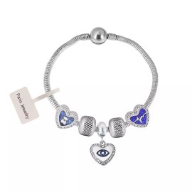 Paris Jewelry 18K White Gold Heart Eye Charm Bracelet Set With Beads And Snake Chain Plated