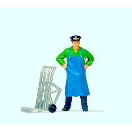 Preiser 28125 H0 Dienstmann stehend, mit Gepäckkarre