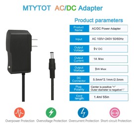 9V 1A DC Power Supply Adapter 9V Power Cord 100V-240V AC to DC 9Volt 1A 800mA 750mA 0.6A 0.5A 500mA Power Supply 9v ac/dc Transformer Center Positive with 8tips for Elliptical Machine, Schwinn Bike