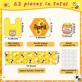 Kosiz 63 Pcs Bee Themed Birthday Bulletin Board Sets Paper Cutouts with Glue Point Bee Birthday Classroom Bulletin Board Display Bee Theme Birthday Chart Wall Decor for School