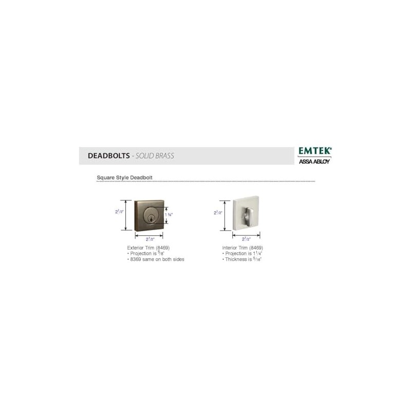 Emtek Hardware Deadbolt, Single Cylinder, Square, Solid Brass, Door Thickness: