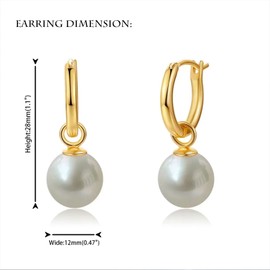 JAXXEL Pearl Drop Earrings, 18K Gold Plated, Hypoallergenic, White Pearl, 12mm, Dangle, Female, Wedding, Engagement, Christmas, Valentine's Day