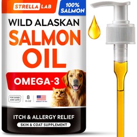 StrellaLab Wild Alaskan Salmon Oil for Dogs - Natural Omega 3 for Dogs & Cats, Itch & Allergy Relief, Skin & Coat Support - Fish Oil Liquid, EPA+DHA Fatty Acids for Hip&Joint, Immune&Heart Health 8 Oz