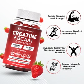 PureWellness PureWellness Creatine and BCAA Gummies - 5000mg Creatine Monohydrate, 1000mg BCAAs per Serving - Chewable Vegan Sugar Free Gummies, Strawberry Flavour (1 Month Supply)