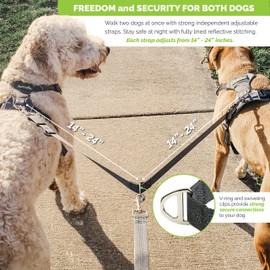 Double Dog Leash with Dual Adjustable Leads, 14 Inch to 24 Inch for Medium and Large Dogs, No Tangle Coupler is Perfect for Walking or Running with Two Dogs, Reflective for Visibility at Night