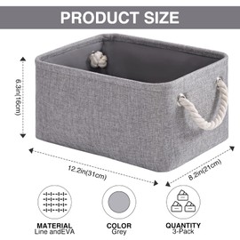 Kriovoa 3 Pcs Fabric Storage Baskets, Foldable Storage Baskets with Handles, Canvas Storage Boxes for Shelves, Toys, Clothes, Books 31x21x16cm, Grey.