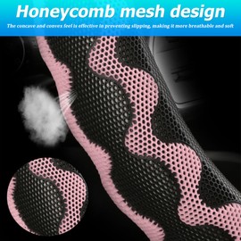 Sandfren Carbon Fiber Car Steering Wheel Cover, Breathable Leather Honeycomb Vehicle Steering Wheel Cover with Honeycomb Hole, Soft Non Slip Auto Steering Wheel Protector, Universal Fit (Pink)
