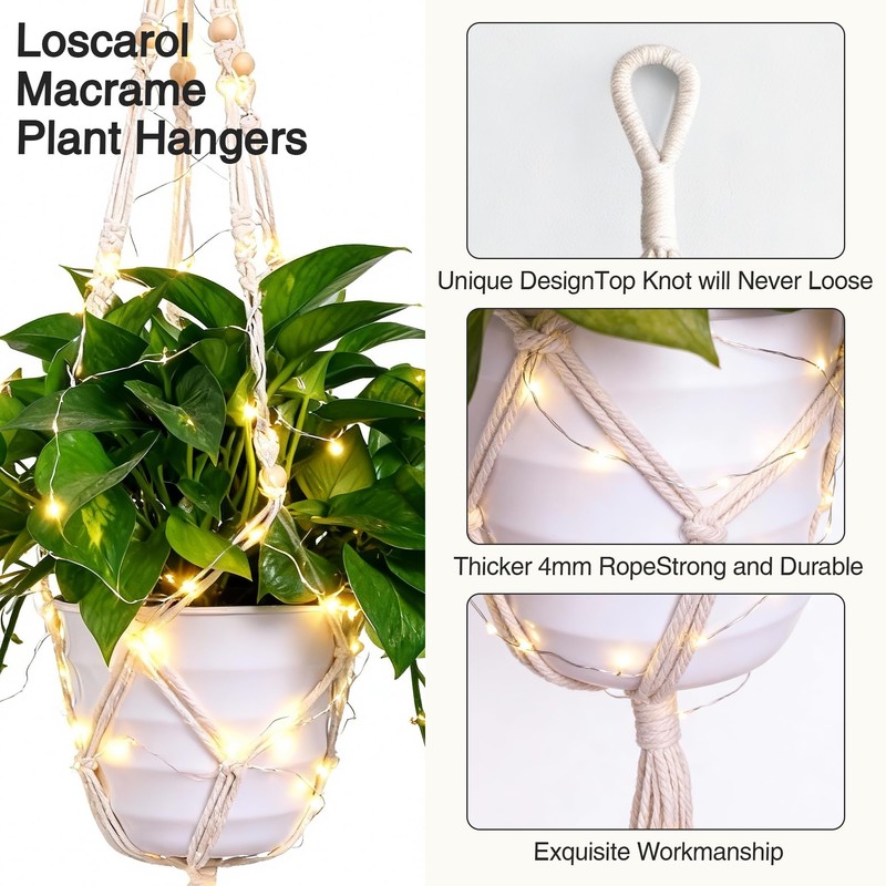 Loscarol 2 Pack Macrame Plant Hanger with Lights and 2Pcs