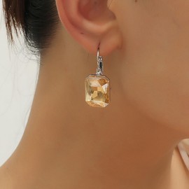Inilbran Boho Crystal Citrine Earrings Silver Gemstone Earrings Vintage Square Gemstone Earrings Geometric Square Earrings Jewelry for Women and Girls