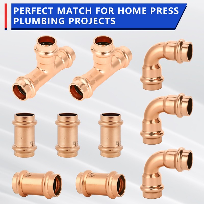 YVSKM 1/2" Copper Press Fittings Assortment Kit – 2 Tees,