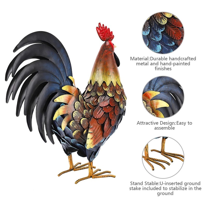 chisheen Rooster Decor Garden Statue Metal Chicken Yard Art Sculpture
