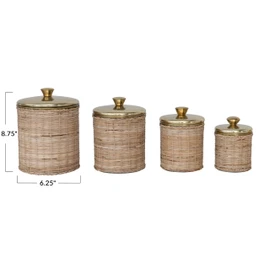 Creative Co-Op Rattan Wrapped Stainless Steel Canisters, Set of 4, Brass Finish