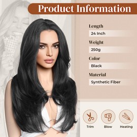 LONAI Black Wigs for Women 24" Long Middle Part Layered Wig Synthetic Hair Wig for Daily Use Party Cosplay