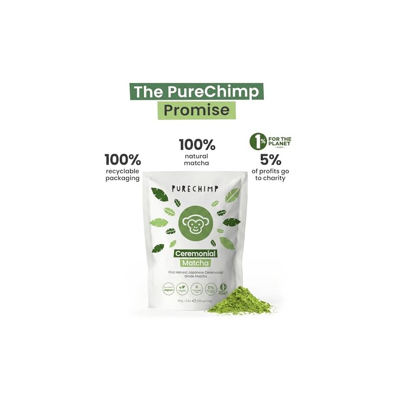 PureChimp Ceremonial Grade Matcha Powder - 100g for Lattes &