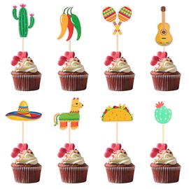 MEMOVAN 24 piezas de decoración para cupcakes de fiesta, decoración mexicana, para cupcakes de fiesta mexicana, cactus, burro, pimiento, sombrero de bigote, maraca, guitarra, decoración para fiestas temáticas mexicanas