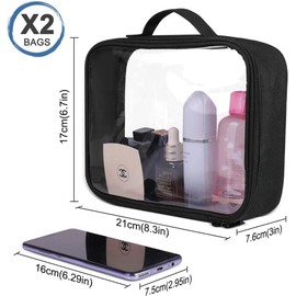 Pack of 2 Transparent Toiletry Bags, TSA Approved Clear Toiletry Bag with Carry Handle for Aeroplane Hand Luggage, Waterproof PVC Transparent Cosmetic Bag, Travel Makeup, black