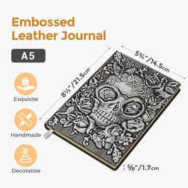 Skull Embossed Leather Journal Notebook - 3D Handmade Vintage Notebooks Travel Diary with Lined Paper Antique Leather Sketchbook Writing Journals for Women & Men (A5, Silver)