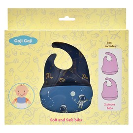 GAJIGAJI Waterproof Silicone Baby Bibs Set of 2, Easy Clean Quick Drying Soft and Comfortable Feeding Bucket Bib, Keep Stain off (Astronaut&Gold Stamp)