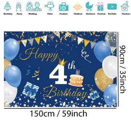 4th Birthday Decorations for Boy Girls Happy 4th Birthday Backdrop Banner 4 Years Old Fabric Sign Poster, Blue Photography Background Fourth Birthday Party Supplies, 150cm x 90cm