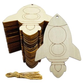 30 Pcs 4Inch Unfinished Rocket Wood DIY Crafts Cutouts Wooden Rocket Shaped Hanging Ornaments with Hole Hemp Ropes Gift Tags for Home Birthday Decoration Craft Project