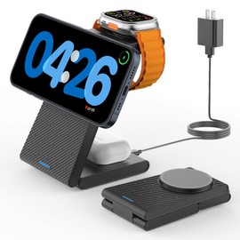 GEEKERA 3 in 1 Wireless Charging Station for Magsafe, Foldable Magnetic Wireless Charger Stand for Multiple Devices, Wireless Charger for iPhone 17 16-12 Series, Apple Watch 11-2, AirPods 4/3/2/Pro