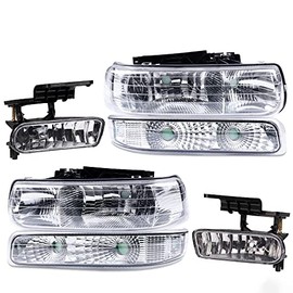 G-PLUS 4PCS Chrome Housing Corner Headlight + 2PCS Bumper Fog Lights Compatible With 1999-2002 Chevy Silverado 1500 2500 3500/00-06 Suburban Tahoe 00-06