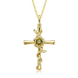 Peridot Cross Necklace for Women, 14K Gold Rose Flower Birthstone Pendant, 925 Silver Faith Christian Religious Jewelry Baptism Confirmation Christmas August Birthday Gift for Her Wife Girlfriend Mom