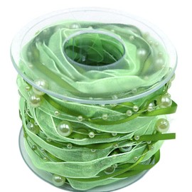 ANCLLO 10M Artificial Bead Ribbon Chiffon Ribbon and Organza Lace Ribbon Trims for Wedding Flower Christmas Tree Decoration Sewing Craft Packaging-Green