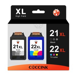COCCINK 21XL 22XL Printer Ink Cartridge Replacement for HP Deskjet F335 F380 F4180 F2210 D1420 D1520 D1530 D1560 PSC 1410 Officejet 4315 J3680 for HP Ink 21 22 XL Combo Pack 21/22(1 Black 1 Color)