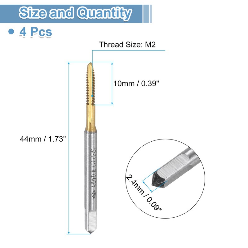 sourcing map 4pcs Spiral Point Plug Taps, M2 x 0.4
