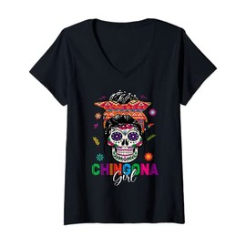 Womens Chingona Girl Mexico Dia De Lost Muertos Mexican Day of Dead V-Neck T-Shirt