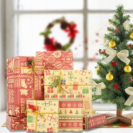 Rancco Christmas Wrapping Paper, Brown Kraft Paper with Xmas Snowflake Gift Box Xmas Tree Snowman Elk Bells Stocking for Christmas Gift Wrap, 5 Pc Gift Wrapping Paper Merry Christmas to You,19.7x25.6"