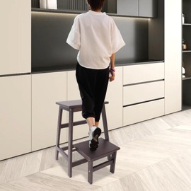 2 Tier Folding Step Stool, Multi-Purpose Foldable Wood Step Ladder, 2-in-1 Foot Stool Display Storage Shelf，Solid Wood Ladder for Adults & Kids 220lbs, Closet, Library, Bedroom, Kitchen (Walnut)