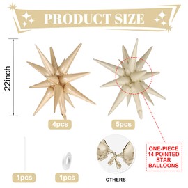 Cream White Beige Star Balloons,9Pcs Caramel Sand White Explosion Star Foil Balloons,22Inch Spike Cone Star Helium Mylar Balloons for Birthday Anniversary Baby Shower Disco Party Decorations