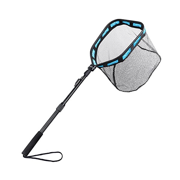 PLUSINNO Floating Fishing Net for Steelhead, Salmon, Fly, Kayak, Catfish, Bass, Trout Fishing, Rubber Coated Landing Net for Easy (19.7"/50cm Hoop Size Length 1.35M Blue (Telescopic Pole))