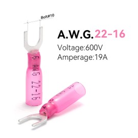 HKS 100PCS Fork Connector #10 Red 22-16 Gauge - Heat Shrink Spade Fork Wire Connectors Kit - Tinned Red Copper - Automotive Marine Crimp Connectors - Waterproof and Insulated Terminals