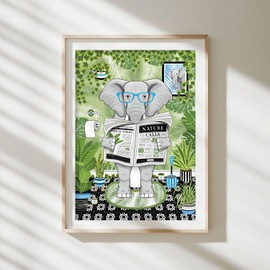 Parmaro Elephant Reading Newpaper Bathroom Print, Elephant Toilet Print, A4 UNFRAMED Print, Animal Bathroom Print, Green Botanical Print, Tropical Bathroom Decor