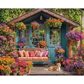 Flower House Paint by Numbers Kit for Adults Garden Adult Paint by Number Kits On Canvas Dog Village Oil Painting Kit for Beginners Adults' Paint-by-Number Kits for Gift Home Wall Decor 16x20 Inch