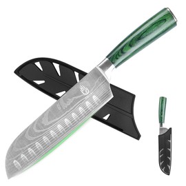 FULLHI Santoku Knife with Sheath, Multi Color 7 inch Japanese Knives, Sushi Cutting Stainless Steel Kitchen Knife with Guard (Green Wood)