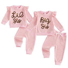 Toddler Baby Girl Matching Sister Outfit Ruffled Long Sleeve Lil Sis/Big Sis Flower Embroidery Sweatshirt Pullover and Elastic Stripe Pants 2Pcs Girls Sister Clothes (Pink Lil Sis, 6-12 Months)