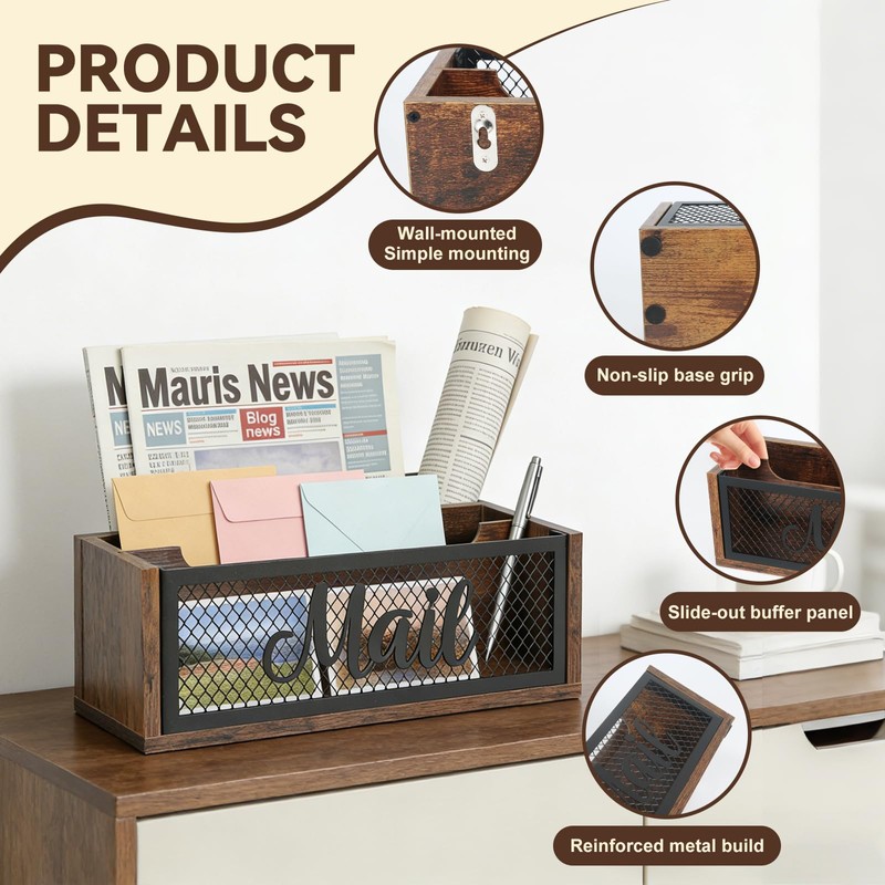 Mail Organizer Countertop, Rustic Farmhouse 2-Slot Wood & Iron Mail