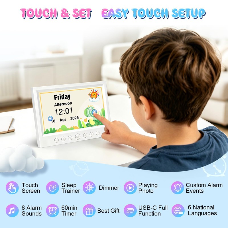Kids Digital Alarm Clock with 7" Touchscreen, Custom Reminders &