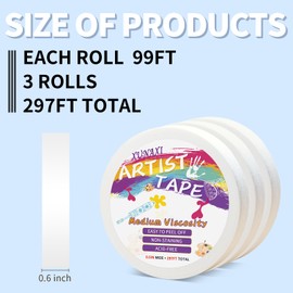 XUNAXI 3 Packs Artist Tape Medium Tack White Art Tape for Watercolor Paper Drafting Art Painting Canvas Framing Acid Free Masking Tape- 0.5IN Wide 297FT Long Total