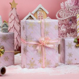 Merture Reversible Pink Christmas Wrapping Paper, Gold Snowflake & Striped Design Gift Wrap for Christmas, Wedding, Winter Festival, Valentines Day - Mini Roll - 17 In x 32.8 Ft (46.5 sqft)